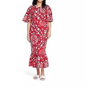 RHODE x Target Women's Linen Blend Floral Bell Sleeve Midi Dress Red Size 28